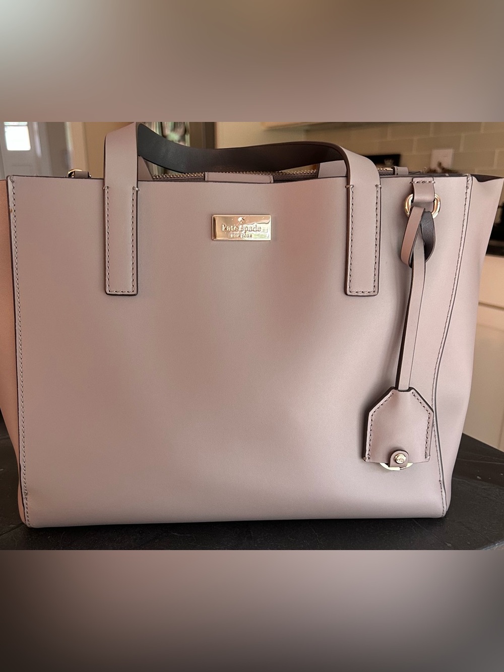 kate spade Gray Leather Tote with Gold Plaque